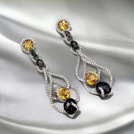 Сережки з золота з димчастими кварцами, жовтими цитринами та жовтими діамантами