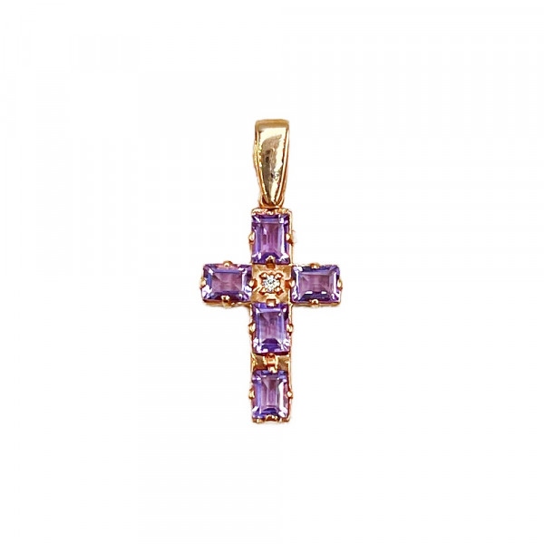 Хрестик з червоного золота з бузковими аметистами