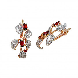 Золоті сережки червоного з білим кольору з коричневими гранатами та цирконом 01-200827693