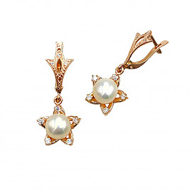 Серьги из золота в красном цвете с жемчугом и цирконом 01-200812394