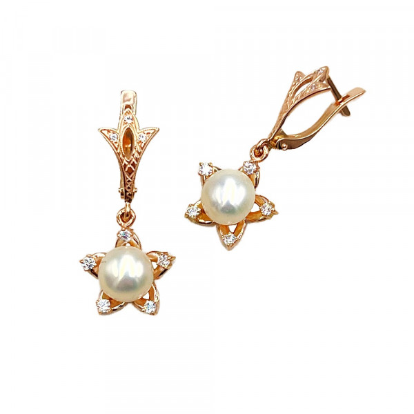 Серьги из золота в красном цвете с жемчугом и цирконом