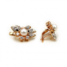 Сережки з золота у червоному з білим кольорі з перлиною та цирконом 01-200863095