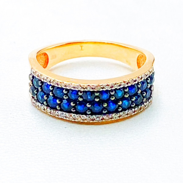 Золота каблучка у червоному кольорі з синіми корундами та жовтими діамантами