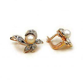 Серьги из золота красного с белым цвета с жемчугом и цирконом 01-200607897