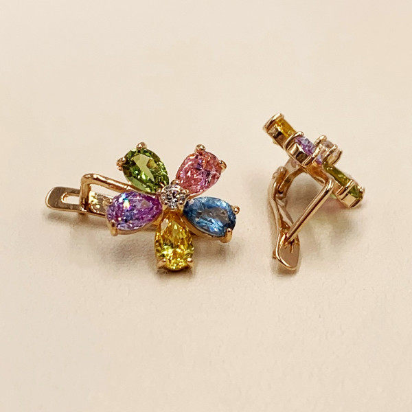 Сережки з червоного золота з цирконом «Квітка»