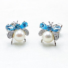 Сережки з золота з блакитними топазами, білими діамантами та перлиною 01-200805798