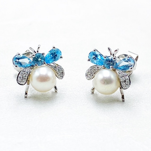 Сережки з золота з блакитними топазами, білими діамантами та перлиною