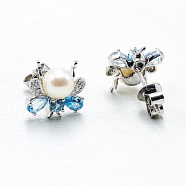 Сережки з золота з блакитними топазами, білими діамантами та перлиною