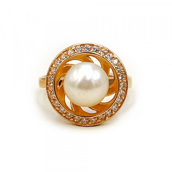 Каблучка з золота у червоному кольорі з перлиною та цирконом