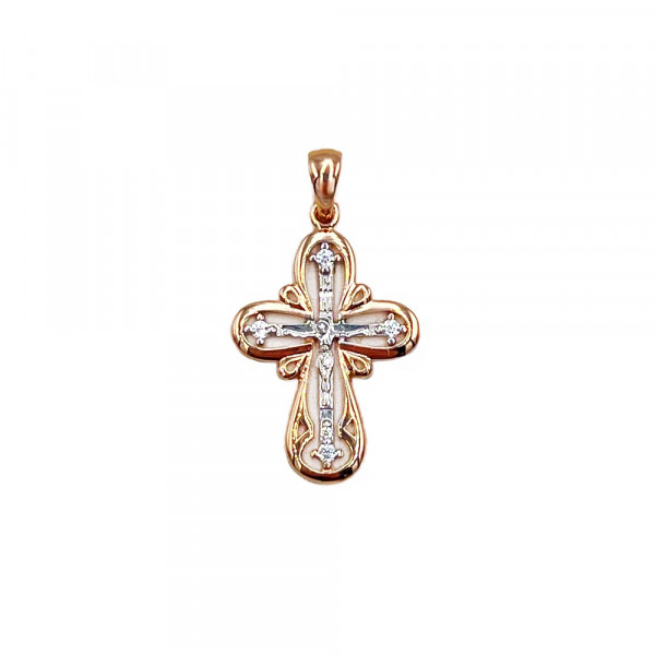 Крестик из золота красного с белым цвета с цирконом